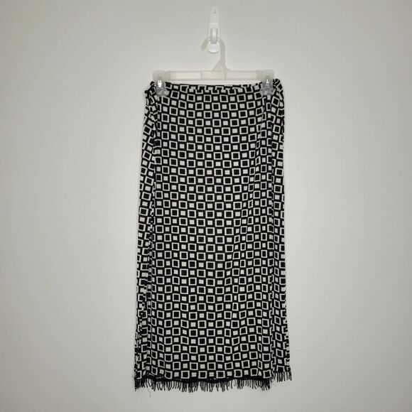 Y2k black white mod quirky beaded fringe stretch square slit skirt size xl FLAW - Picture 1 of 6